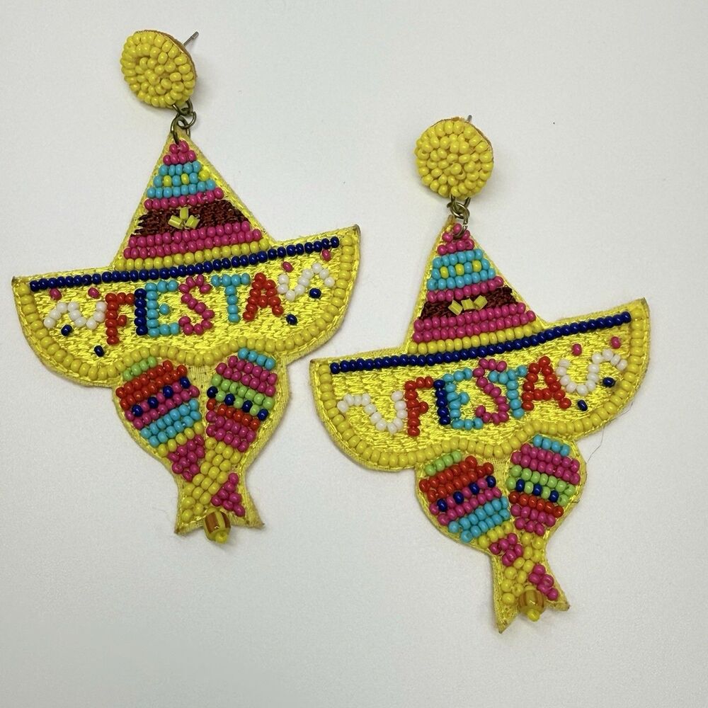 Fiesta Bright Seed Bead Sombrero Felt Back Beaded Lightweight Dangle Earrings